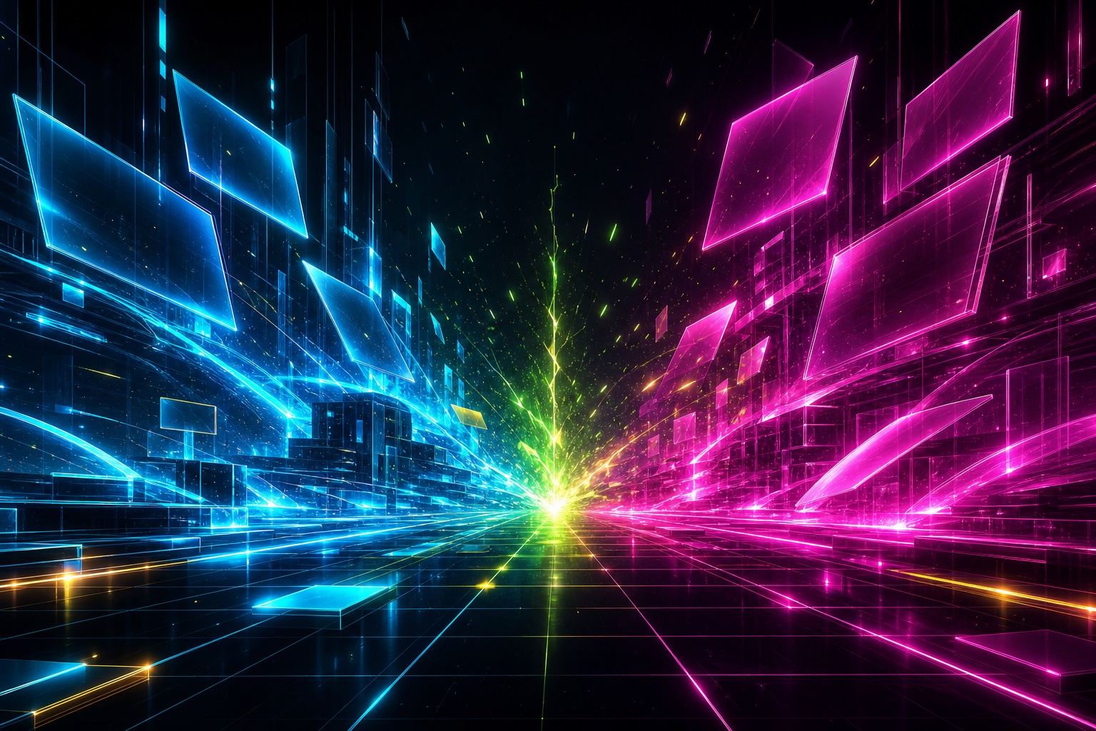 Neon board panels receding into a networked grid toward a bright vanishing point